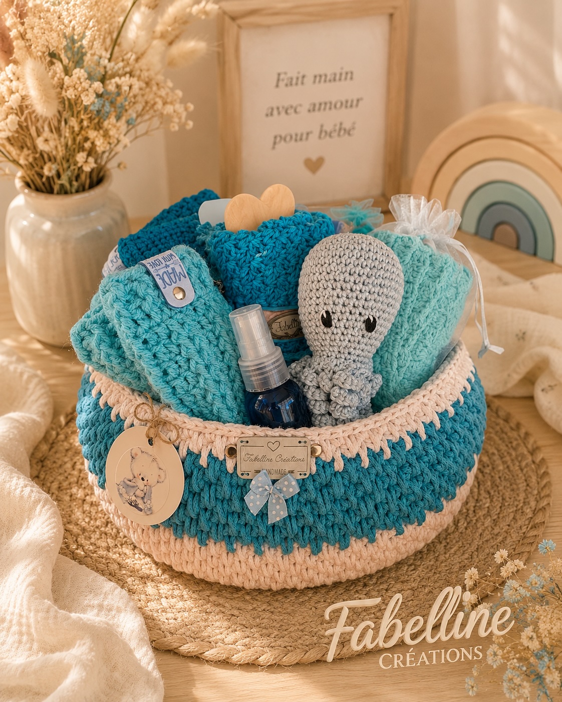 Panier naissance complet au crochet avec doudou pieuvre